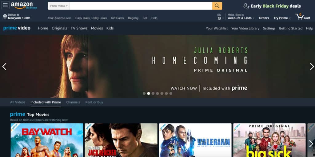 Mga screenshot sa homepage ng Prime Prime ng Amazon
