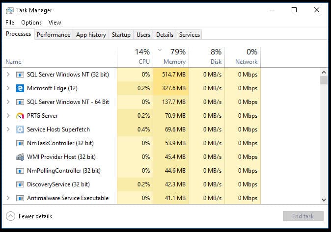 Windows Task Manager hiển thị thông tin sử dụng ứng dụng cấp cao.