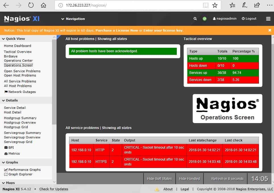 Bảng điều khiển Nagios XI Op Center hiển thị trạng thái mạng tổng thể.