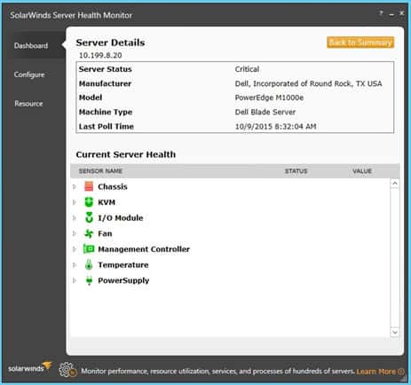 SolarWinds Server Health Monitor có thể xem chi tiết trạng thái trên một máy chủ được chọn.