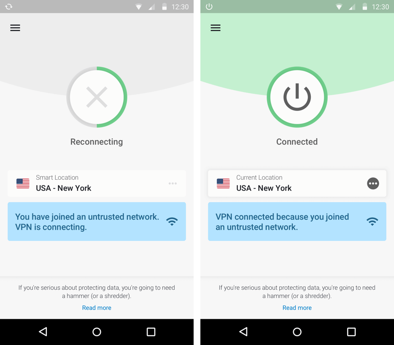 Aplikacja ExpressVPN na Androida łączy się z niezaufaną siecią.