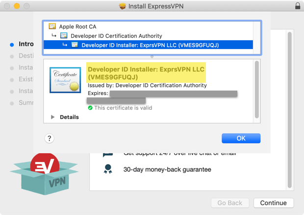 Sijil untuk pemasang aplikasi Mac ExpressVPN.
