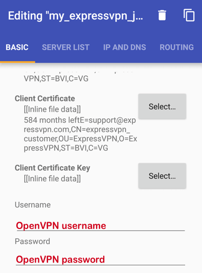 Android OpenVPN имя пользователя пароль