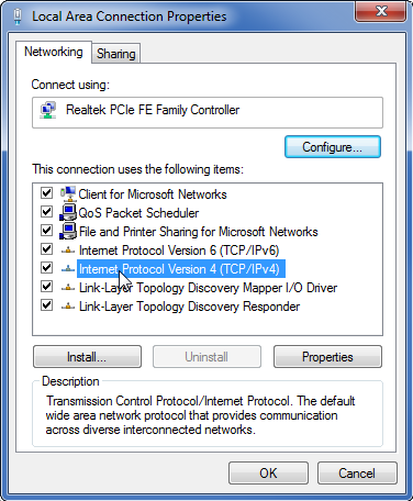 Windows local area connectie eigenschappen venster met Internet Protocol versie 4 geselecteerd.