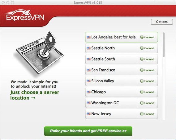 Captura de ecran: Toate locațiile VPN cu ExpressVPN