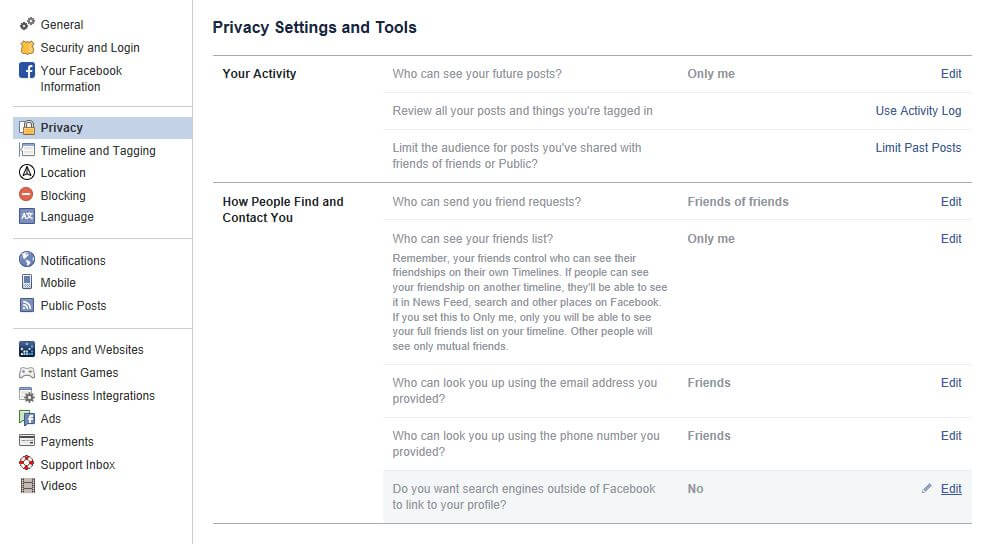 Mga setting ng privacy ng Facebook.