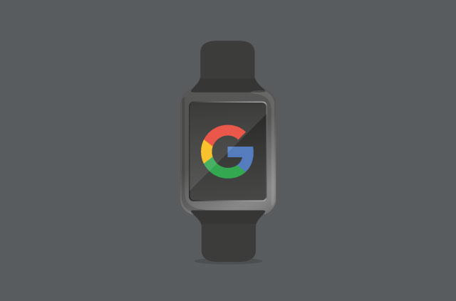 Иллюстрация умных часов с логотипом Google на лице.