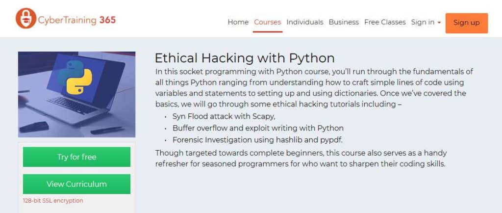 Cybertraining 365 Python etical hacking course.
