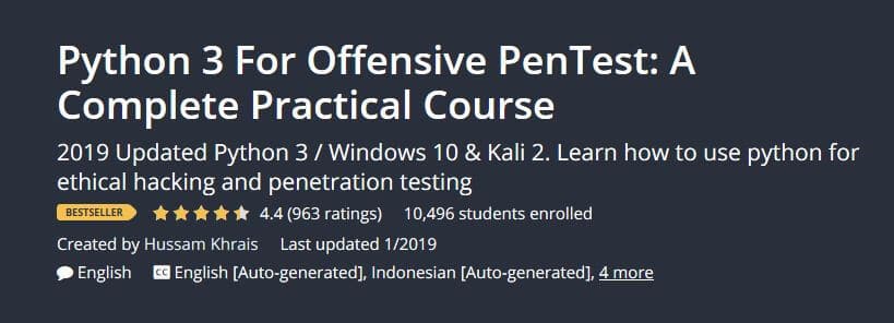 Udemy Python etical hacking course.