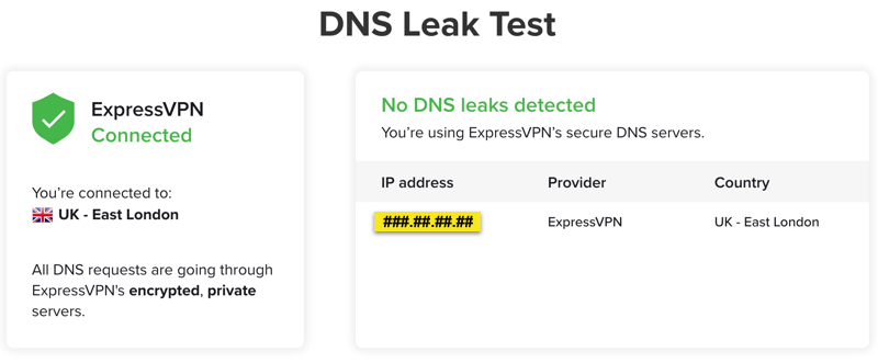 Pagina de testare scurgeri DNS ExpressVPN.