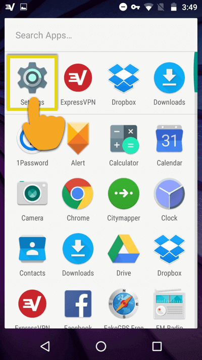 Meniu Android, cu pictograma Setări evidențiată