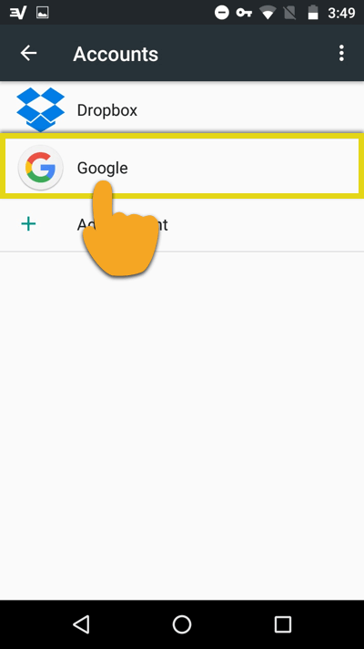 Meniul Conturi Android, cu Google evidențiat