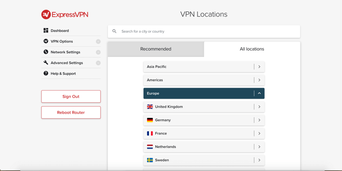 Lokalizacje serwerów przeglądarki w aplikacji routera ExpressVPN.