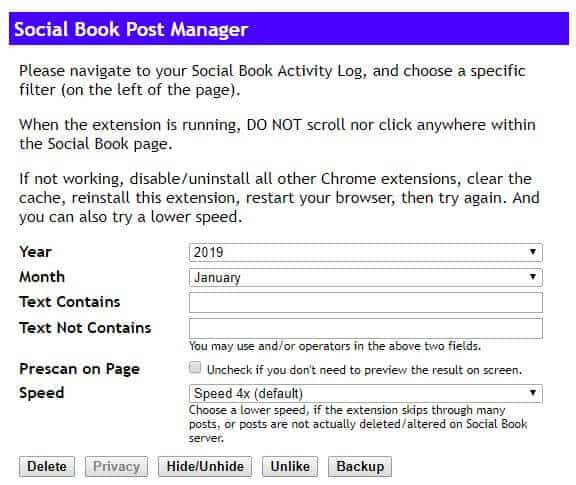 Ang interface ng Social Book Post Manager.