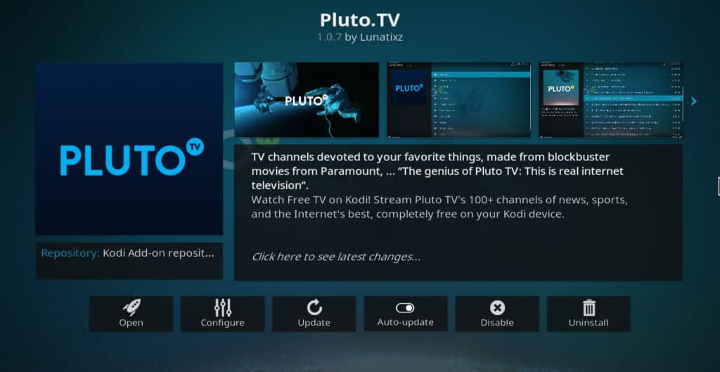 Màn hình thông tin addon Pluto.tv Kodi