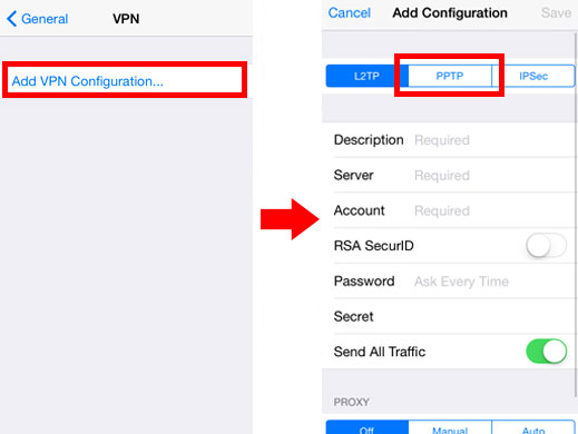 Экраны iOS, показывающие последовательность добавления VPN ... и выделенную вкладку PPTP