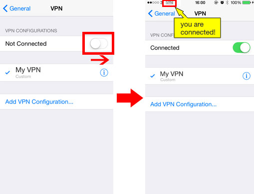 Экраны VPN-соединения, подсвечивающие кнопку переключения и