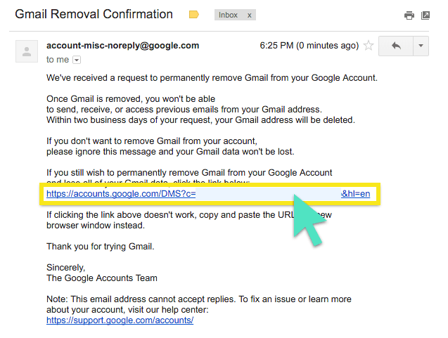 E-mail de confirmação de remoção do Gmail com o link destacado.