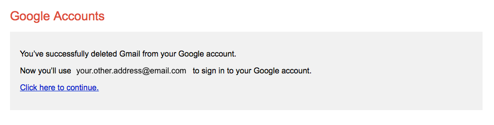 A mensagem das contas do Google confirmando o Gmail foi excluída.