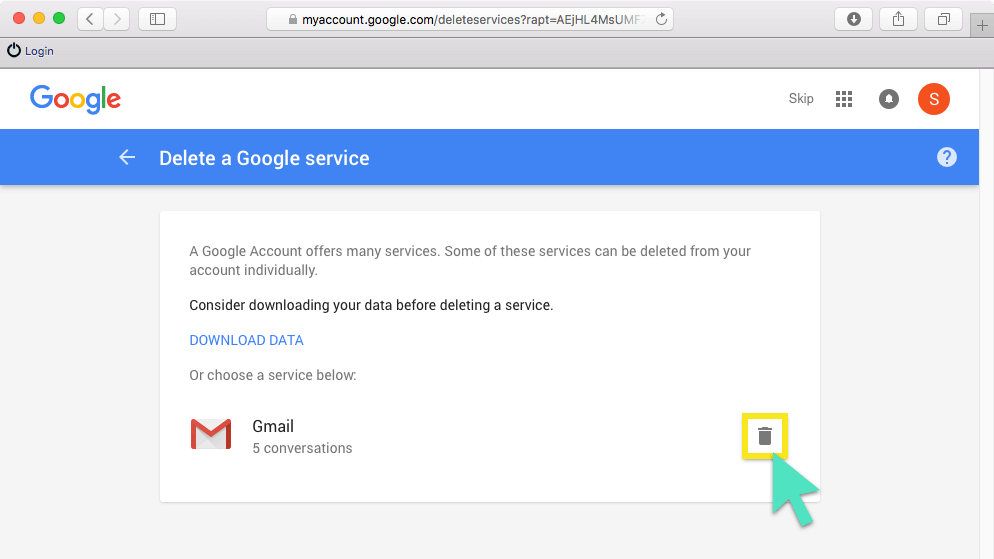 Excluir uma tela de serviço do Google com o botão da lixeira destacado.