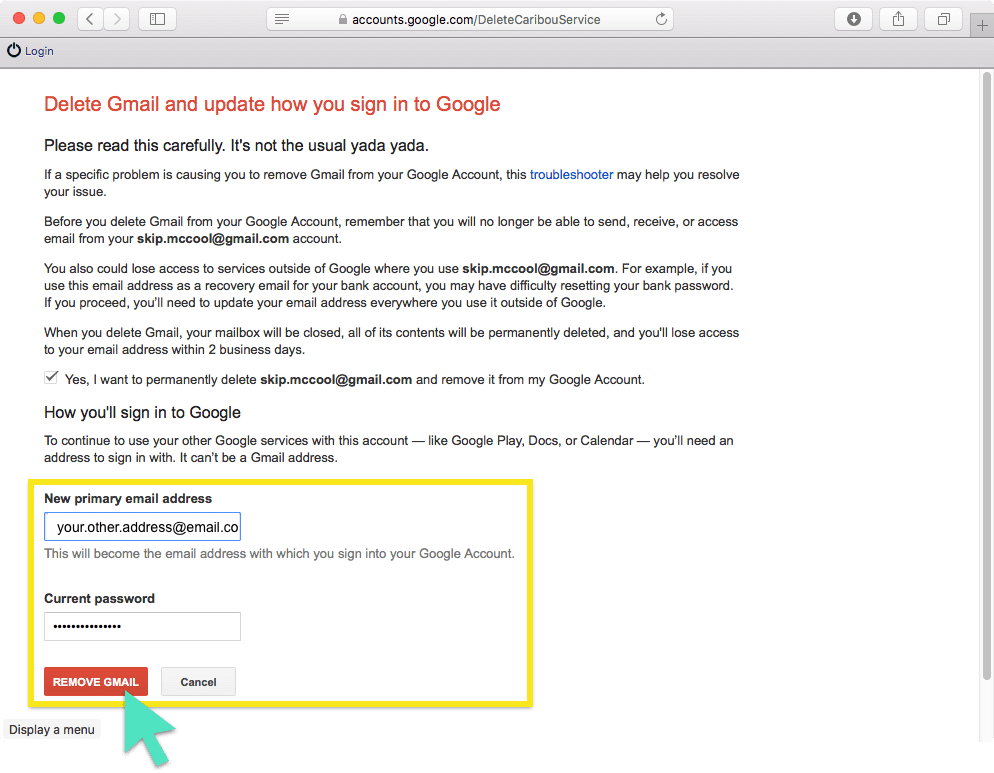 Exclua a tela do Gmail com o botão Remover Gmail destacado.