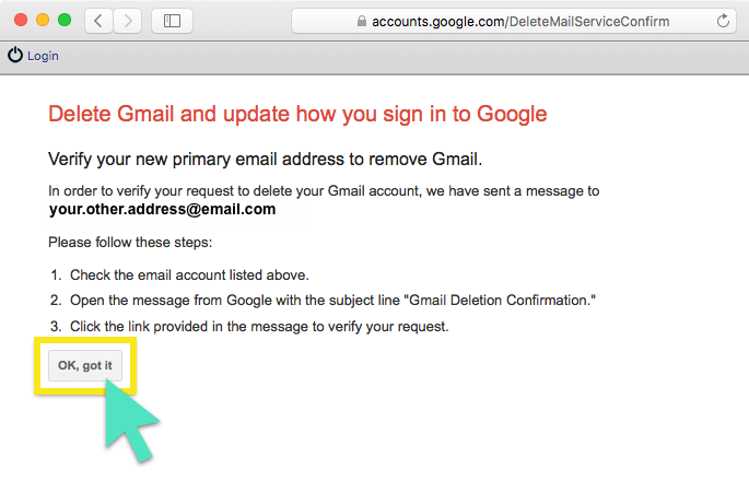 Exclua a tela de confirmação do Gmail com OK, destaque o botão.
