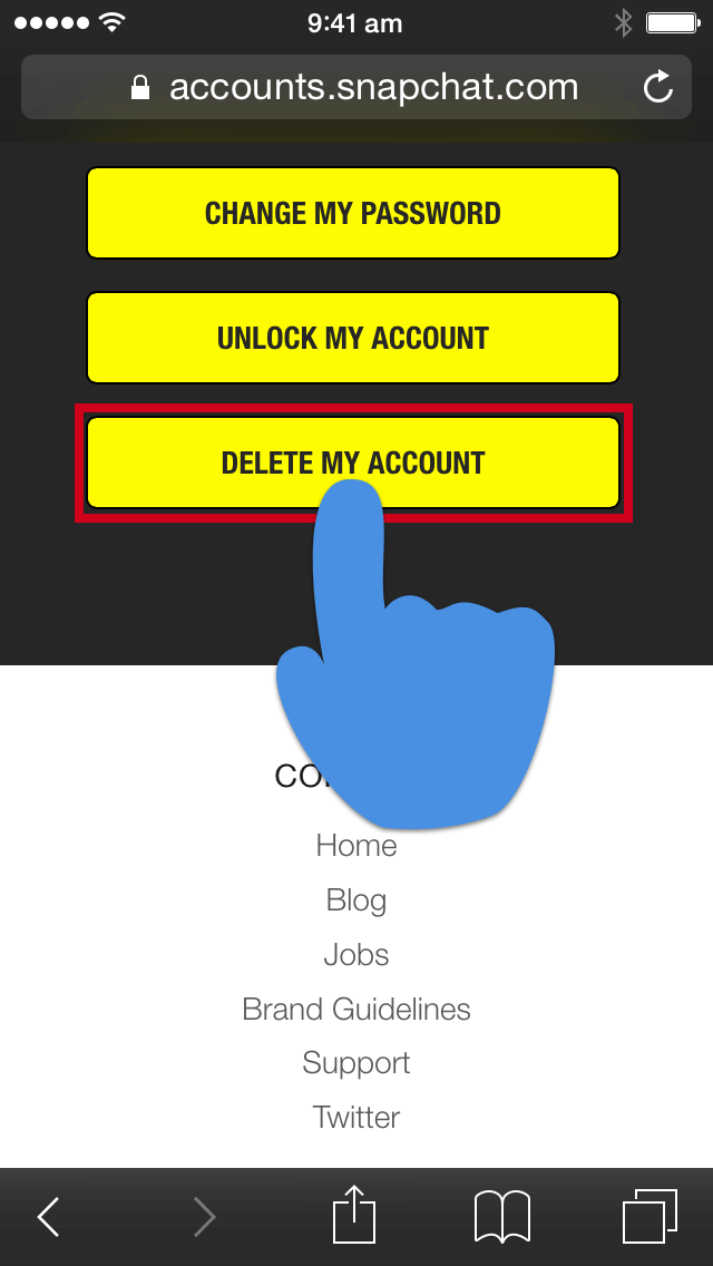 Snapchat-accountpagina met de knop Mijn account verwijderen gemarkeerd.