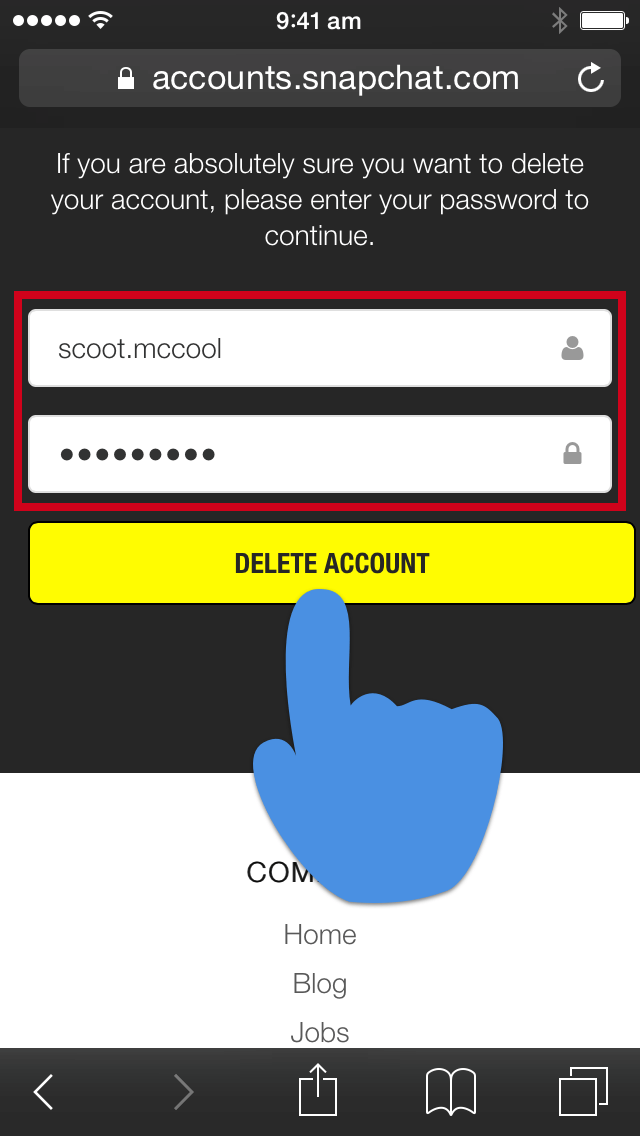 Bevestigingspagina van Snapchat-accounts met de knop Account verwijderen gemarkeerd.