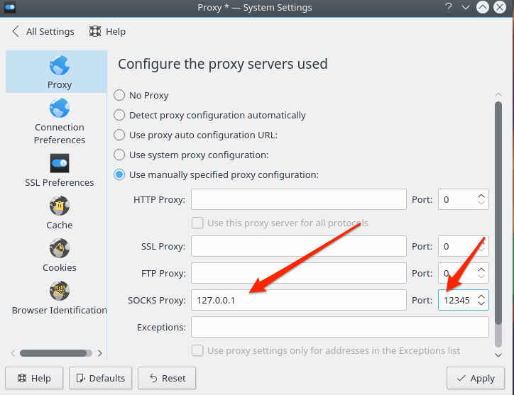 Mga setting ng proxy ng KDE network