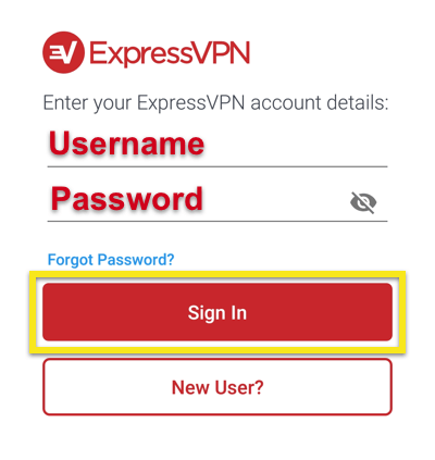 Ecranul de conectare ExpressVPN care afișează numele de utilizator și parola cu butonul de conectare evidențiat.