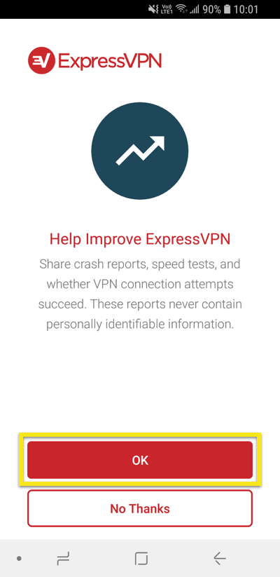 Cerere de partajare a diagnosticului ExpressVPN cu butonul OK evidențiat.