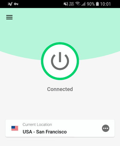 Aplicația ExpressVPN pentru Android este conectată.