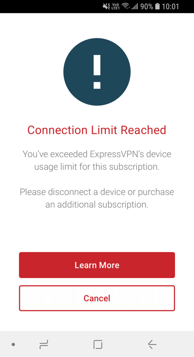 Ecranul ExpressVPN care arată limita de conexiune atinsă.