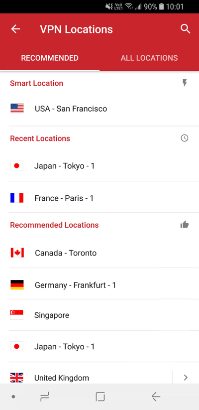A tela ExpressVPN Locations mostra os locais recomendados.