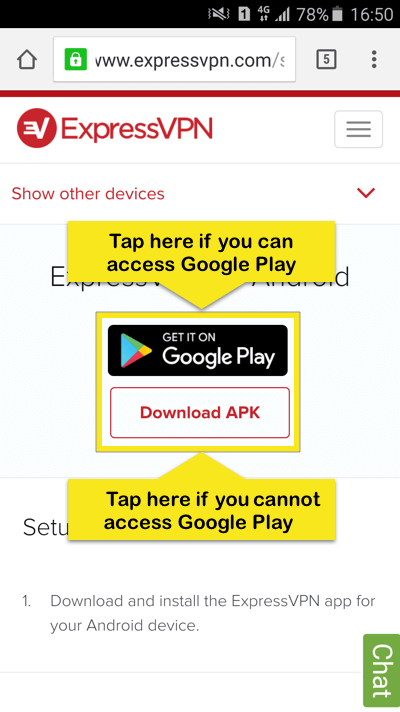 ExpressVPN iestatīšanas lapa ar izceltām pogām Google Play un Lejupielādēt APK.