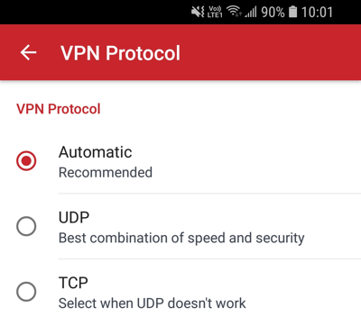 Izvēlne VPN Protocol.