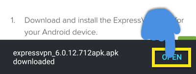 Mesaj de descărcare Android cu butonul Deschis evidențiat.