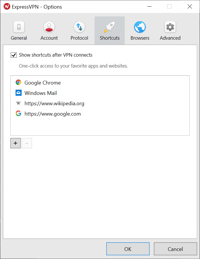 O menu de atalhos no aplicativo ExpressVPN para Windows.