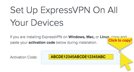 Tela de configuração do ExpressVPN mostrando o código de ativação e com o botão Clique para Copiar realçado.