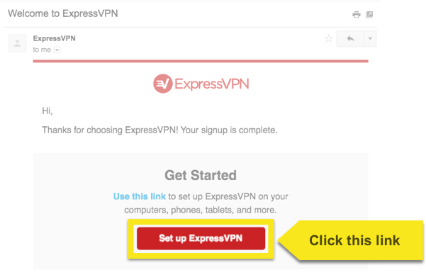 E-mail de boas-vindas do ExpressVPN com o botão Configurar ExpressVPN destacado.