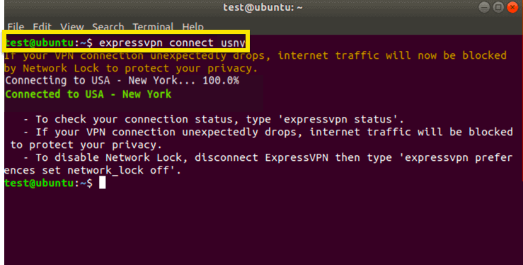 Conecte-se ao local do servidor da ExpressVPN em Nova York no Linux.