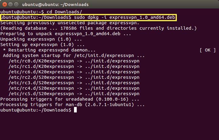 execute o comando installer para instalar o expressvpn for linux.