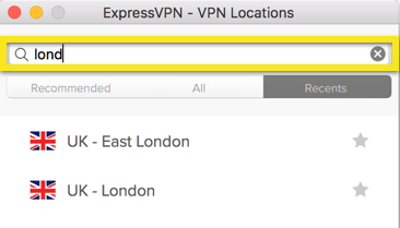 Menu lokasi ExpressVPN dengan bar carian diserlahkan.