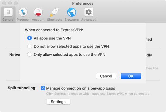 Semua apl menggunakan ExpressVPN di Mac.