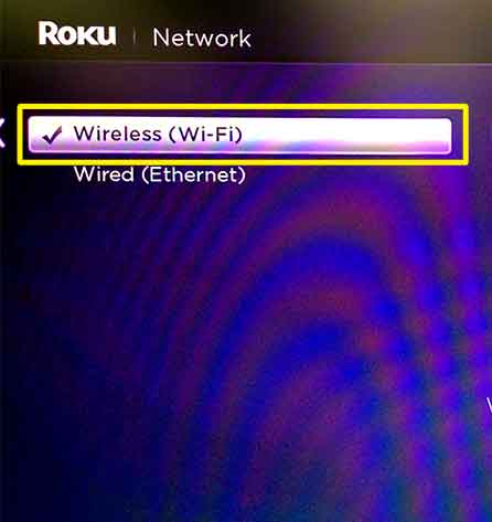 Menu Roku com a seleção Wireless (Wi-Fi) realçada.