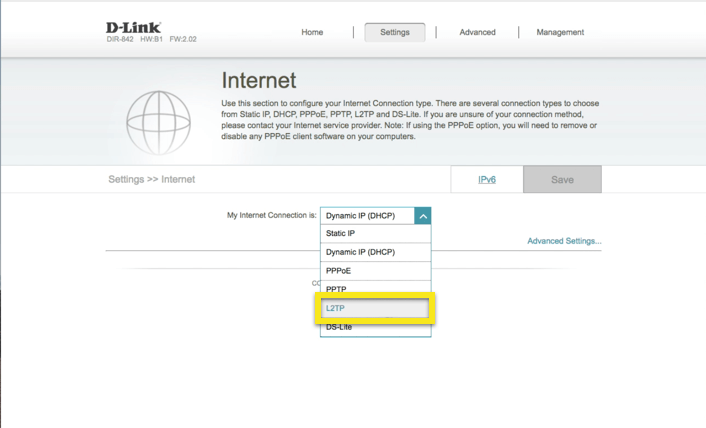 Интернет картица Д-Линк са одабраним Л2ТП протоколом