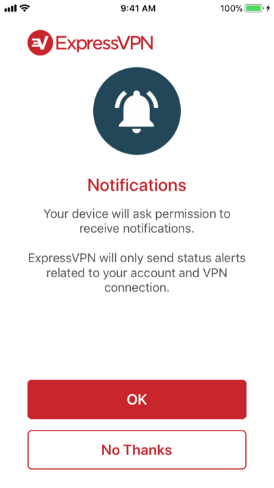 Ecranul de autorizare a notificărilor din aplicația iOS ExpressVPN.