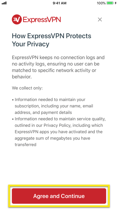 Penyataan privasi untuk aplikasi iOS ExpressVPN.