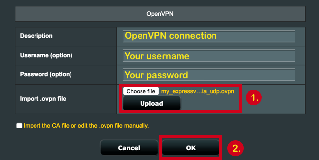 OpenVPN-configuratiescherm met bestandsuploadveld gemarkeerd