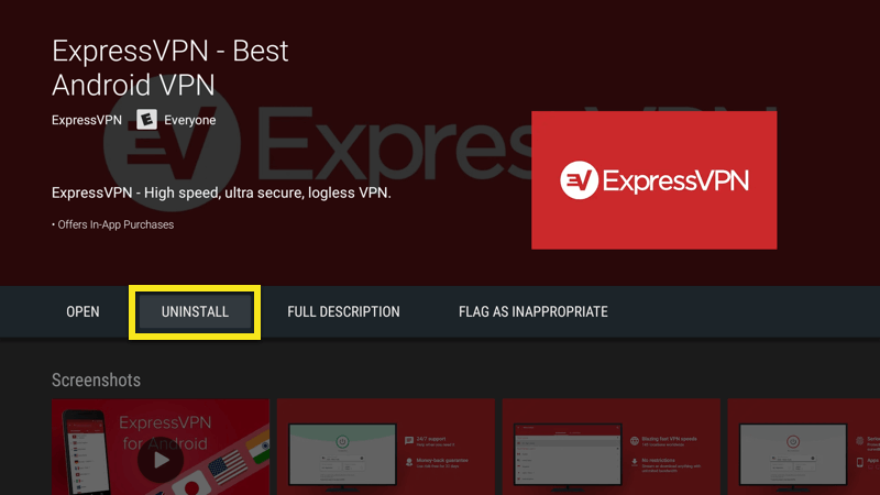 Nyahpasang aplikasi ExpressVPN pada Nvidia Shield.